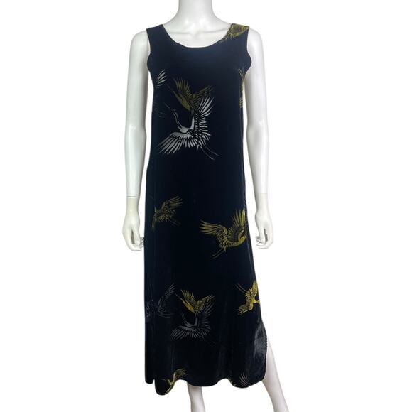 Anne Namba Women's S Black Silk Velvet Asian Cranes Sleeveless Maxi Dress EUC - Picture 1 of 3